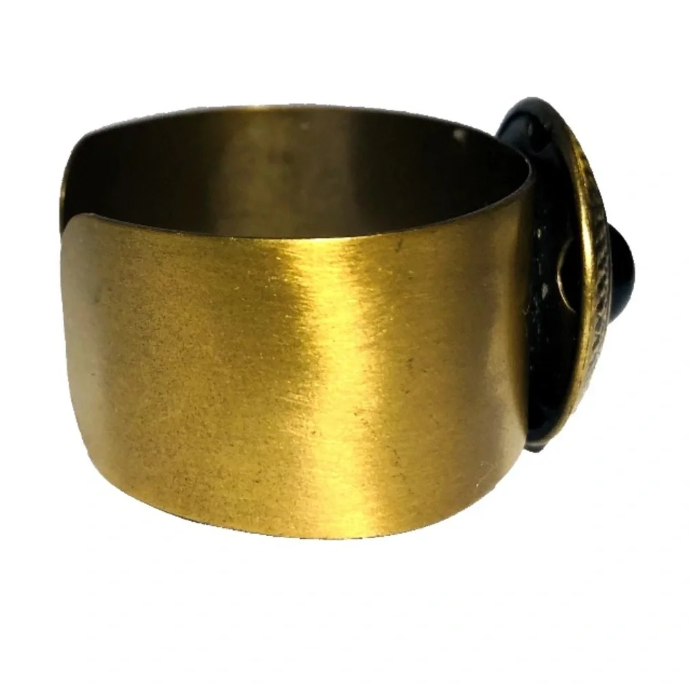 Brass Cuff Bracelet with Textured Medallion and Black Onyx Cabochon
